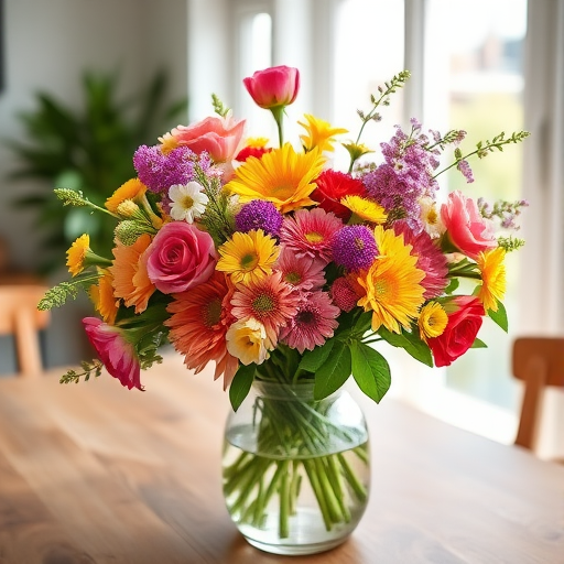 A vibrant bouquet of mixed spring flowers in a clear glass vase, styled on a wooden table near a sunny window, captured with a Canon EOS R5, 50mm f/1.2 lens, ISO 100, aperture f/2.8, natural soft lighting, and shallow depth of field.