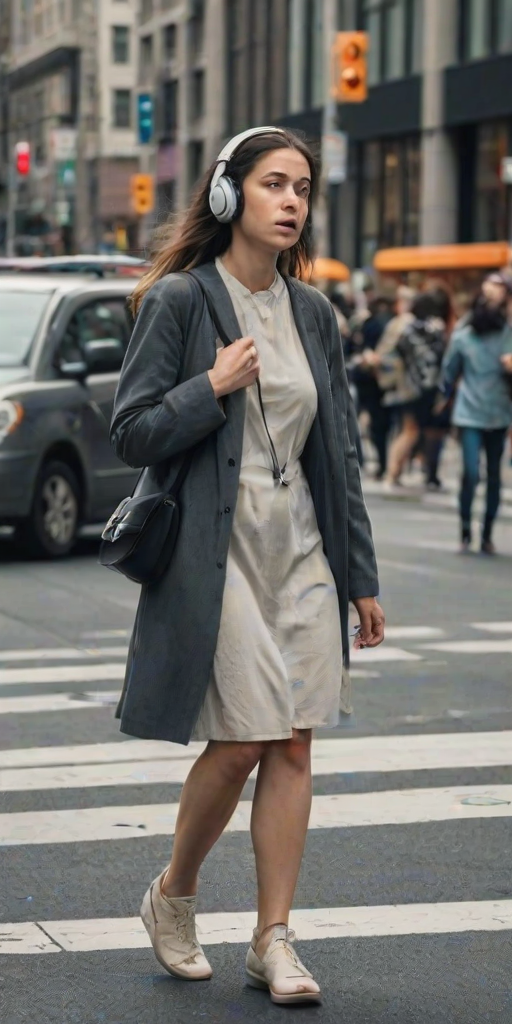 Busy city street at rush hour, cars honking and people hurrying by, a woman stands at a crosswalk, headphones in, lost in her own world amidst the chaos.