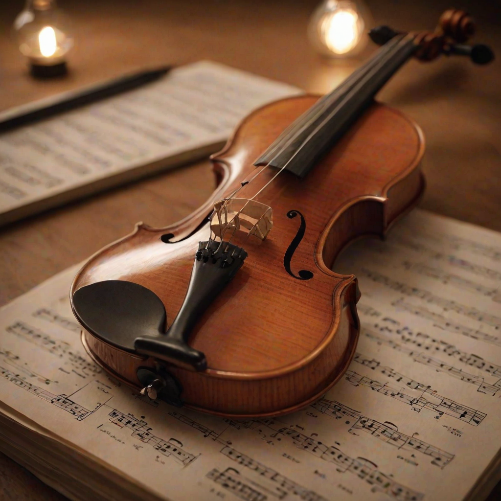 Sharp, detailed close-up of a violin resting on a sheet of music, soft light from a nearby lamp illuminating the strings, tiny details of the wood grain visible, and the sound of soft classical music in the background.