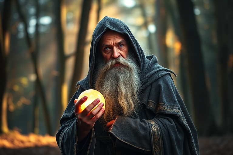 A wise old wizard with a long gray beard and piercing blue eyes, holding a glowing orb, shrouded in a tattered cloak, standing in a mystical forest illuminated by soft, ethereal light, DSLR camera, 50mm lens, f/1.8, ISO 200, natural light, shallow depth of field.