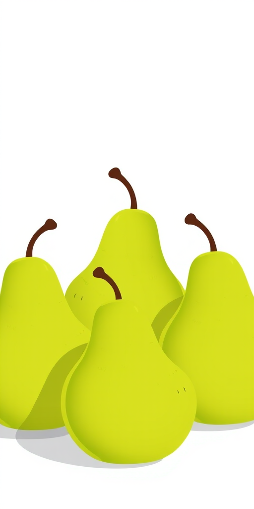 Generate an image of five cartoonish green pears with subtle detailing, focus on a clean white background, using a DSLR camera with a 50mm lens, aperture set to f/2.8, ISO 100, and shallow depth of field for soft bokeh effect.