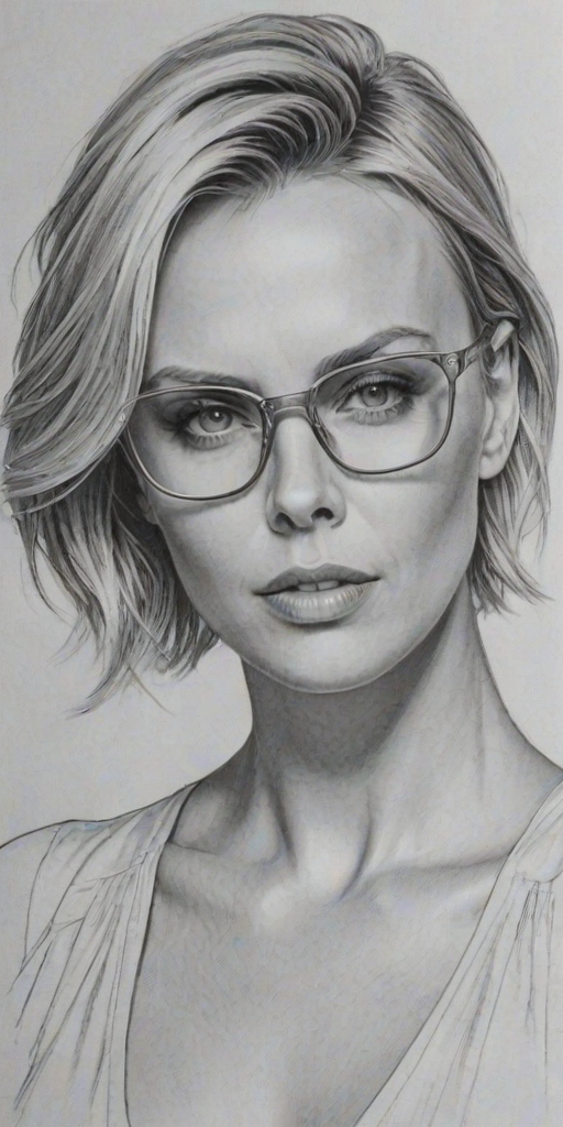 Graceful Charlize Theron, pencil sketch, portrait of Sublime woman 1976s in glasses, hair style beatnik, outline, clear lines, fine lines, 8k