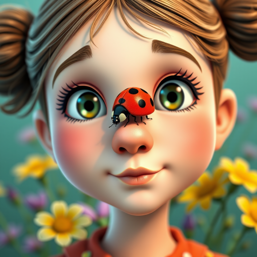 whimsical comical cartoon art Quentin Blake style, closeup portrait view of a cute girl with two ponytails in her hair, an adorable ladybug sits on her nose, funny children’s book illustration with bright colors and flowers in the background