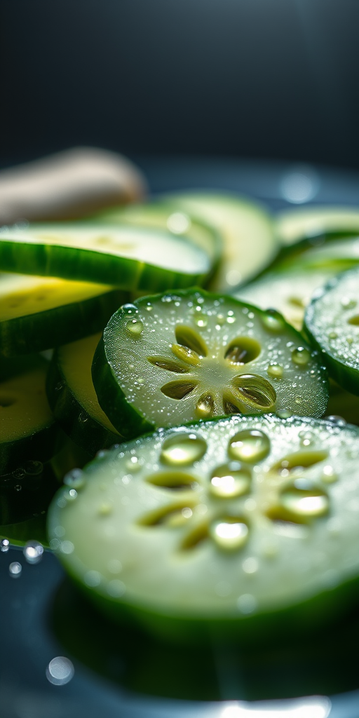 sliced cucumbers with water droplets on a reflective surface, low angle view, macro photography, DSLR camera, f/2.8 aperture, 1/125 sec shutter speed, ISO 100, soft focus background, dramatic lighting