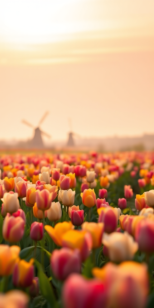 Soft-focus image of a field of tulips in full bloom at sunrise, soft golden light illuminating the vibrant colors, with distant windmills silhouetted against the morning sky and a sense of calm filling the air.