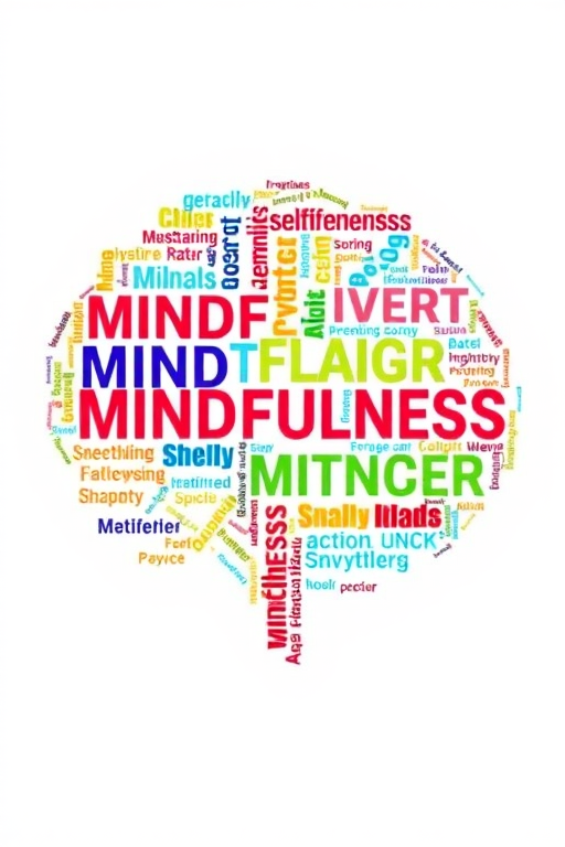Create a vibrant word cloud in the shape of a brain featuring colorful words related to mindfulness and self-awareness, using a high-resolution digital camera with a 50mm lens, aperture set to f/2.8, ISO 100, shot from a top-down view for optimal clarity and detail.