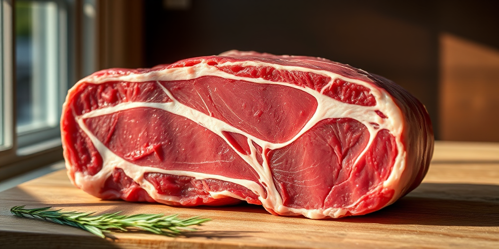 Create a high-resolution illustration of a piece of raw meat, focusing on realistic textures and details, using a DSLR camera with a 50mm lens, aperture set to f/2.8, ISO 100, and natural lighting from a window to enhance color richness and shadows.