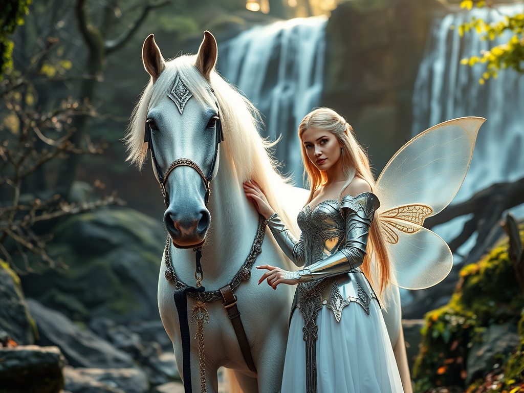 Create an ethereal fantasy scene featuring a majestic white horse and a beautiful fairy-like woman in elegant armor, surrounded by a mystical forest with a waterfall in the background, shot with a DSLR camera at f/2.8, ISO 100, 50mm lens, natural lighting for a soft glow and vibrant colors, in a portrait orientation.