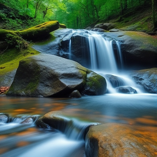 Capture a serene waterfall cascading over smooth, moss-covered rocks in a lush forest setting, using a DSLR camera with a 24mm lens, f/11 aperture, 1/4 second shutter speed, ISO 100, in natural light, with a focus on vibrant colors and soft motion blur for the water.