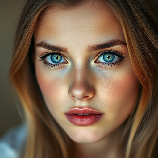 A portrait of a young woman with striking blue eyes, softly illuminated with a dreamlike background in warm tones, captured with a DSLR camera at f/2.8 aperture, ISO 100, 50mm lens, portrait mode, natural light.