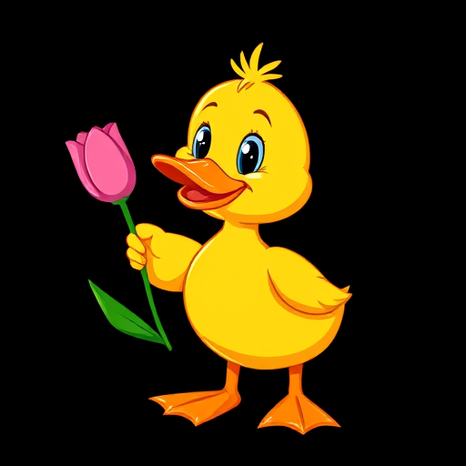 Create a bright and cheerful cartoon image of a yellow duck holding a pink tulip in its beak, set against a solid black background, using a digital illustration style with vibrant colors, 4K resolution, 35mm lens, f/2.8 aperture, and a focus on the duck's expression and details.