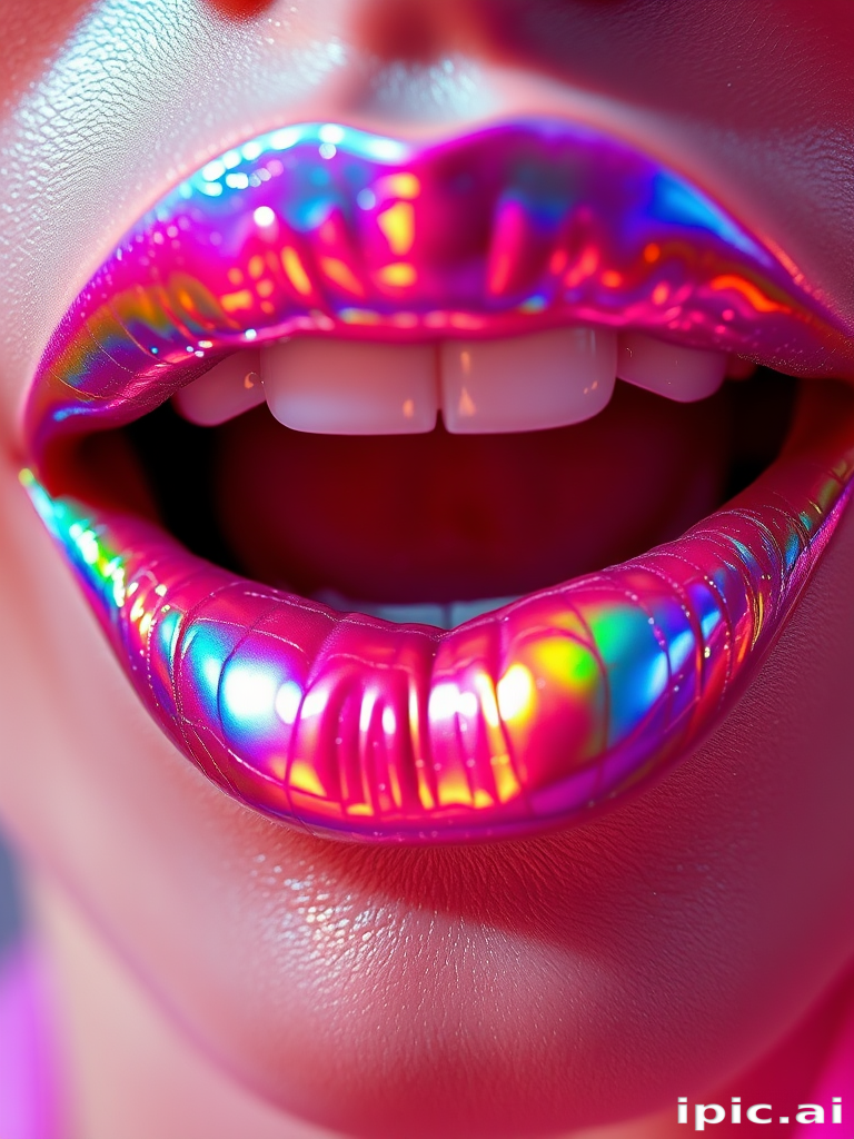 Holographic lips shimmering with iridescent rainbow hues, catching and reflecting light from every angle, creating a mesmerizing and otherworldly effect