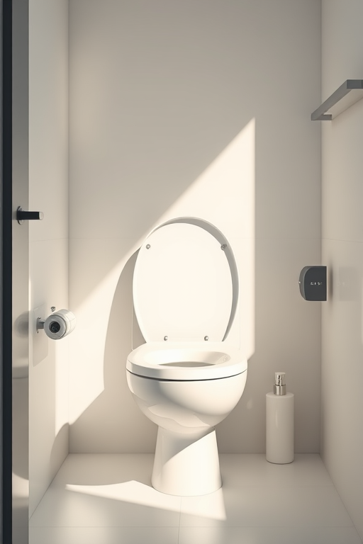 create a high-resolution illustration of a modern toilet in a minimalist style, using a 50mm lens at f/8, focused from a slightly elevated angle, with soft natural lighting to enhance details and smooth shadows, captured with a DSLR camera