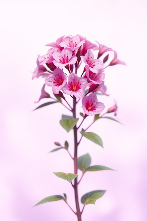 Create a vibrant digital illustration of a flowering plant with pink blossoms set against a soft lavender background, using a high-resolution format, with a slight depth of field effect, simulated DSLR camera type, aperture f/2.8 for sharp focus on flowers, shutter speed 1/125 sec for clarity, and a slight vignette to enhance the overall composition.
