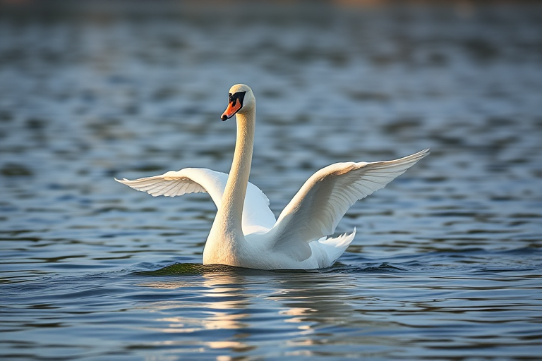 Capture a graceful white swan in mid-stretch displaying its wings while swimming on a calm lake, soft natural lighting, shallow depth of field, Canon EOS R5, 100mm f/2.8L Macro IS USM lens, aperture f/4, ISO 100, shutter speed 1/2000 seconds.