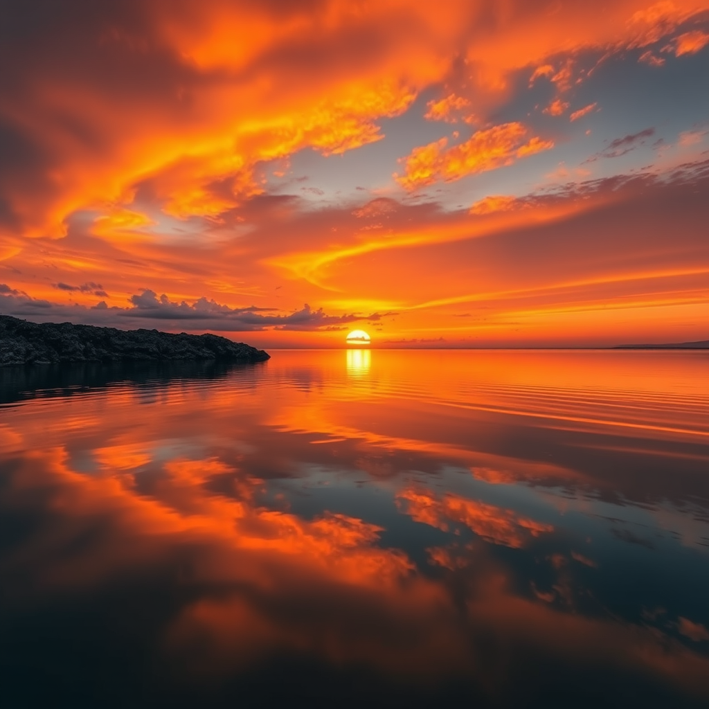 capture a serene sunset over calm water with vibrant orange and yellow hues reflecting on the surface, Nikon D850, f/11, ISO 100, 1/250s, wide-angle view, landscape style, high dynamic range imaging