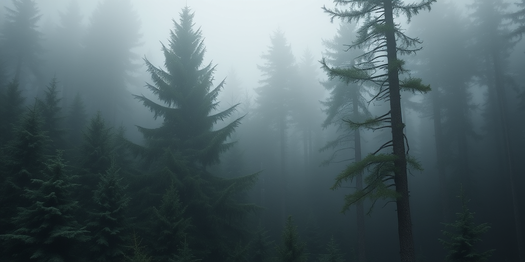 regenerate a misty forest landscape with dense evergreen trees shrouded in fog, captured with a Canon EOS R5, 24mm lens, aperture f/11, ISO 100, shot from a low angle with a soft focus background effect, emphasizing a serene atmosphere and muted color palette
