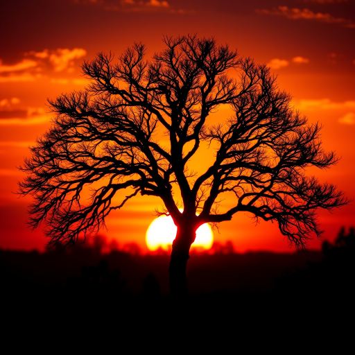 Create a high-resolution image of an artistic tree silhouette against a sunset background with vibrant oranges and purples, using a DSLR camera, f/8 aperture, ISO 100, 50mm lens, shot in landscape view for enhanced depth and clarity.