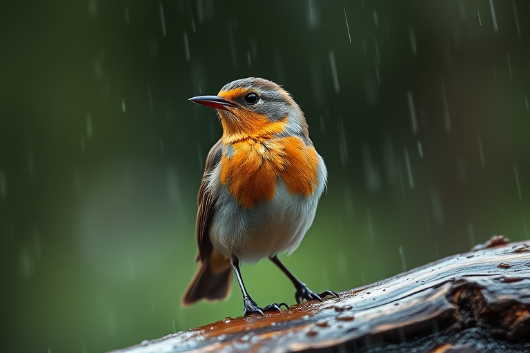 A close-up of a bird perched on a log in the rain, captured with a Canon EOS 5D Mark IV, 70mm lens, aperture f/4, ISO 800, shutter speed 1/200s, shallow depth of field, natural light, vibrant colors, and crisp detail.