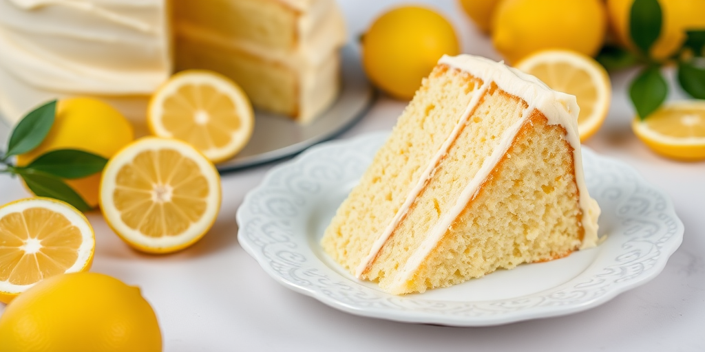 A delicious slice of lemon cake with creamy lemon frosting on a decorative white plate surrounded by fresh lemons and a whole lemon cake in the background. The scene captures a bright and fresh atmosphere perfect for a dessert display.