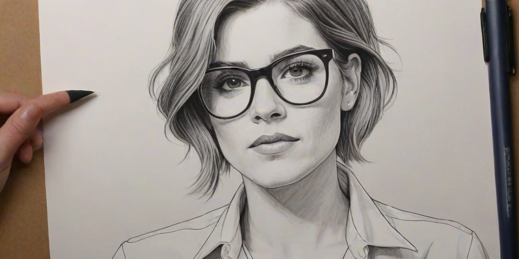 Resplendent Cameron Esposito, pencil sketch, portrait of Lovely woman 1971s in glasses, hair style beatnik, outline, clear lines, fine lines, 8k