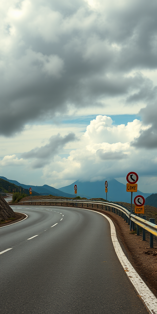 a winding road with a guardrail and curvature signs, cloudy sky in the background, taken with a DSLR camera, 50mm lens, aperture f/11, ISO 100, landscape view, natural lighting