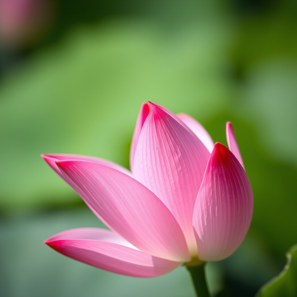 Capture a close-up of a pink lotus flower with soft-focus background, using a DSLR camera, 50mm lens, aperture f/2.8, ISO 100, natural lighting, and a shallow depth of field.