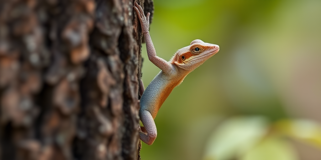 Capture a close-up shot of a lizard climbing a textured tree trunk with a shallow depth of field, using a DSLR camera, 50mm lens, aperture at f/2.8, ISO 100, and a shutter speed of 1/200s, with natural lighting to enhance colors and details.