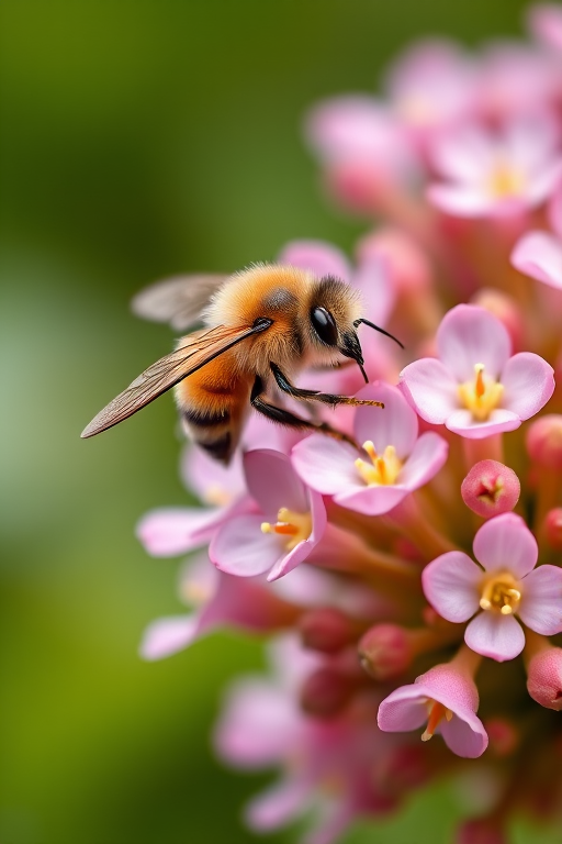 macro photograph of a bee on pink flowering plant with a blurred green background, aperture f/2.8, shutter speed 1/250s, ISO 200, taken with a DSLR camera using a 100mm macro lens, natural soft lighting, close-up view to enhance details and vivid colors