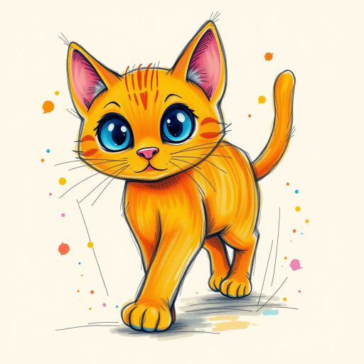 A vibrant childs coloured pencil drawn illustration of a bright orange cat with large, expressive blue eyes, a very cute style. The cat appears to be walking towards the viewer, surrounded by an abstract splash of colors and fine black lines, giving the image a dynamic and artistic flair. The background is a soft beige, highlighting the cat's vivid coloration and playful demeanor. Naively drawn scratchy line style.