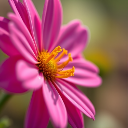 macro shot of a pink flower with yellow center, shallow depth of field, natural light, f/2.8 aperture, 1/250 sec shutter speed, ISO 100, Canon EOS R5, 100mm f/2.8L macro lens, soft bokeh background