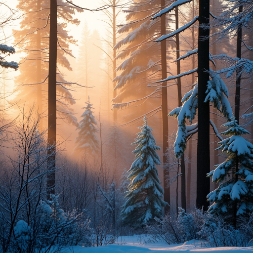 capture a serene winter forest landscape with mist rolling over snow-covered trees using a Canon EOS 5D Mark IV, 50mm lens, aperture f/8, ISO 100, shutter speed 1/200s, golden hour soft light, shallow depth of field for atmospheric effect