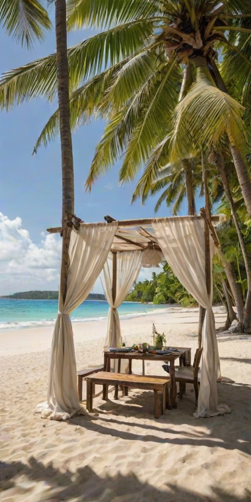 Create a picturesque tropical beach scene featuring a serene, white sandy shore. In the foreground, there's a rustic wooden canopy with white drapes gently flowing in the breeze. Underneath the canopy, a table is set with tropical decor, evoking a sense of relaxation and leisure. The beach extends into a calm, shallow water area with reflections of the sky and surroundings. Palm trees and lush greenery line the edge of the beach, providing a natural, tropical backdrop. The sky is clear with a few scattered clouds, and the overall atmosphere is tranquil and inviting, perfect for a peaceful retreat.