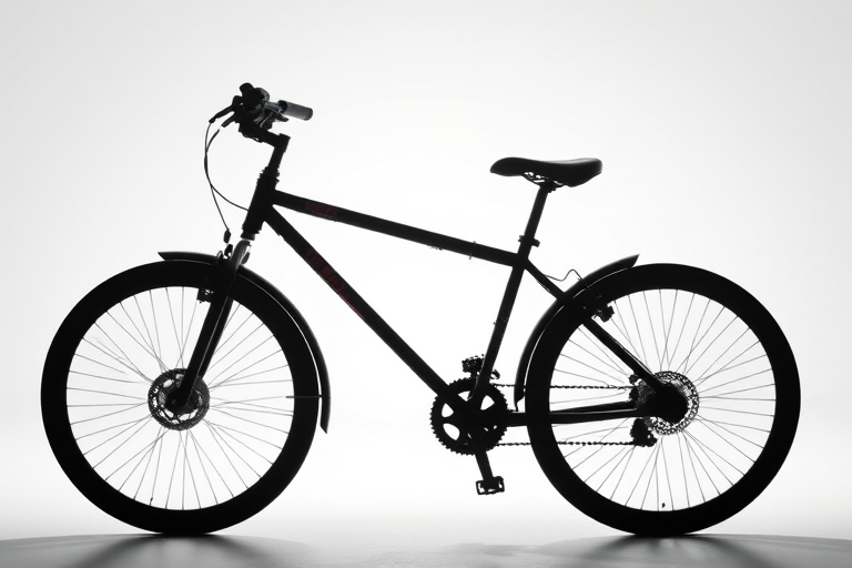 Generate a high-resolution image of a black silhouette of a bicycle against a white background using a DSLR camera with a 50mm lens, aperture set to f/2.8, ISO 100, and a shallow depth of field for a crisp focus on the silhouette.