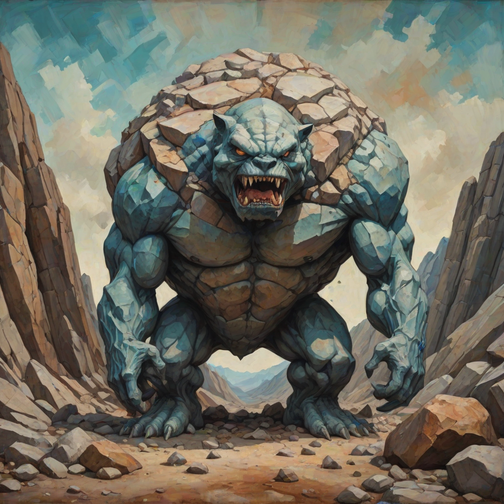 A detailed and anatomically presented mr stone-eater stands and bites into a huge boulder. surreal abstract art, grunge oil colors on canvas, textured background