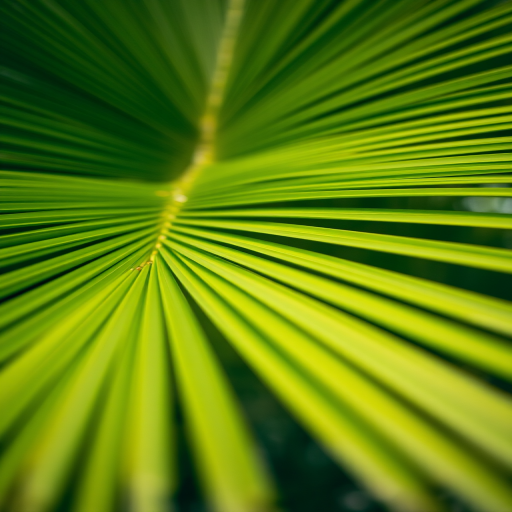 Capture a close-up of vibrant green palm leaves fanning out with a shallow depth of field, using a Canon EOS 5D Mark IV, aperture f/4, ISO 100, shutter speed 1/250s, natural light, and a focus on texture and detail.