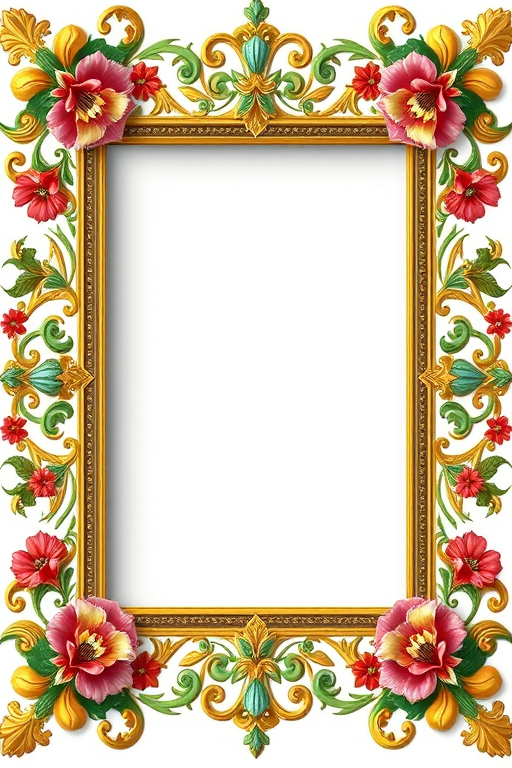 Create a highly detailed digital illustration of an ornate frame with intricate floral patterns and vibrant colors, using a 50mm lens at f/2.8, 1/60s shutter speed, in a top-down perspective with a high-quality DSLR camera.