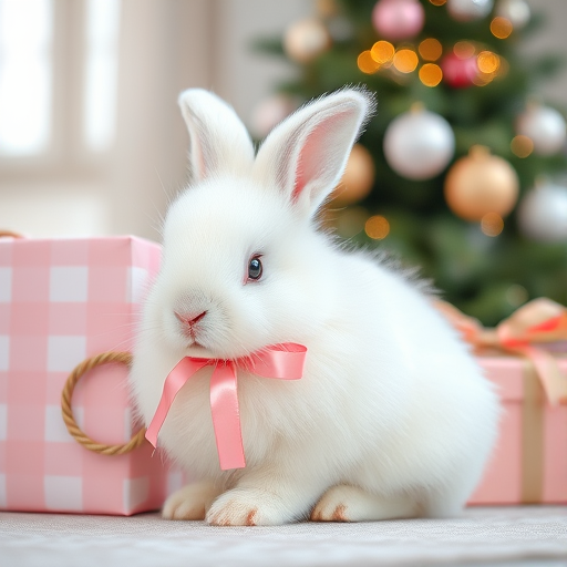 A fluffy white bunny with pink bows sitting next to a pink gift box in a festive holiday setting, focusing on soft textures and pastel colors, shot with a DSLR camera at f/1.8 aperture, 50mm lens, in a natural light environment, using a shallow depth of field to create a dreamy atmosphere.