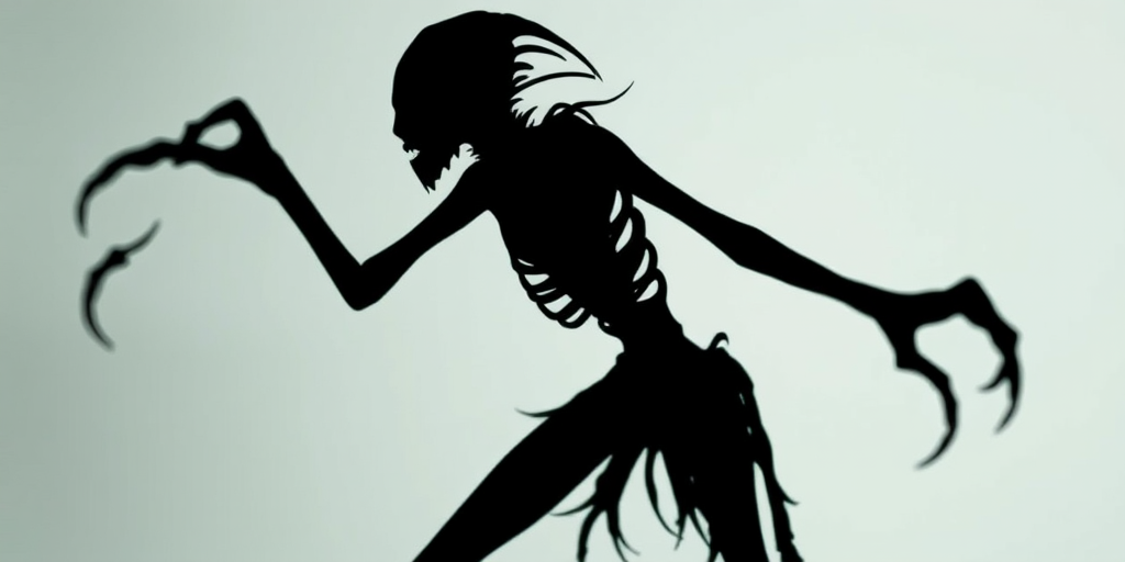 Create an abstract image featuring a shadowy creature with elongated limbs and exaggerated features, shot with a 50mm lens at f/1.8 for a shallow depth of field, using a DSLR camera with high contrast and vivid colors, capturing the creature in a dynamic pose against a light background.