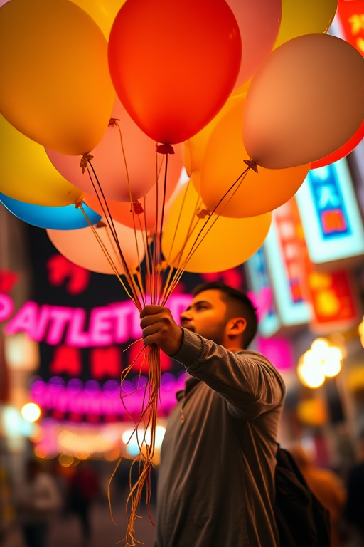 A man holding illuminated party balloons in a vibrant night scene, captured with a Canon EOS R5, 50mm lens, f/1.8 aperture, ISO 800, 1/60s shutter speed, low angle view for dramatic effect, soft bokeh background to enhance focus on the balloons.