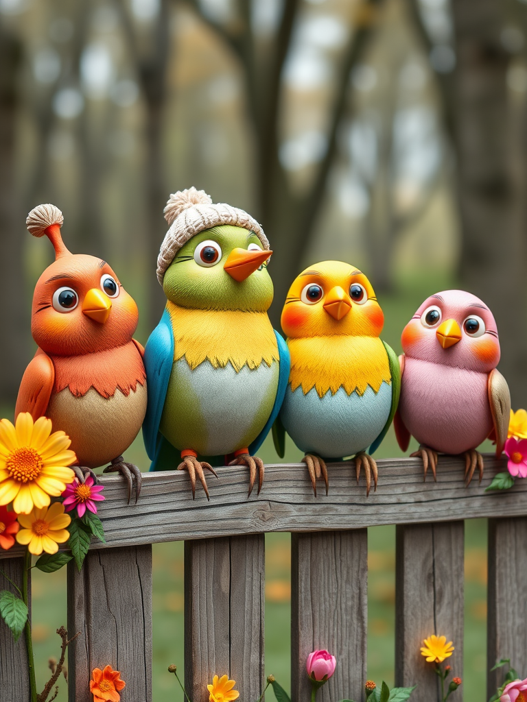 create a scene of 4 quirky  whimsical colourful comical birds each with a funny expression. they are sat on a wooden fence with colourful flowers. they are all different sizes. each one is a different colour  one is wearing a woolly hat. Each one has a different quirky google expression and there is a muted background of trees watercolour paintierly style high definition 8k resolution 3D paper mache