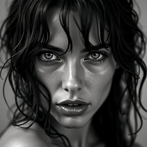 a striking portrait in the style of black-and-white photography, dramatic high-contrast lighting eloquently tracing the intricate details of hand-drawn pen strokes, a beautiful Nordic woman tousled hair and shining, focus on blue eyes and red lips, radiating with intensity portrait that highlights her dark , wet, . The monochromatic statement features her pale skin colored by tiny beads of sweat and water droplets, showcasing a hyper-detailed composition that focuses entirely on her unforgettable face. The stylized composition basks in atmosphere and mystery, created by the powerful, piercing gaze of the water-driven Nordic woman as she commands an intense and mesmerizing aura within the limited frame. Composed to evoke a sense of nostalgic wonder, this portrait perfectly captures the essence of a bygone era.