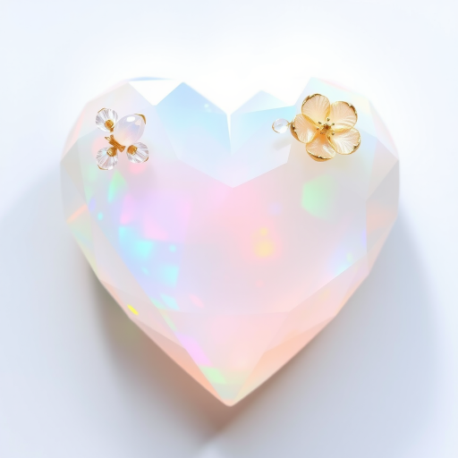 a human heart made of facet cut opal crystal, decorated with small crystal flowers, pastel colors, fine subtle gold details, white background, small drop shadow, beautiful light incidence, prism.