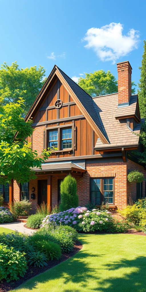create a high-resolution digital illustration of a traditional house with a combination of brick and wood features surrounded by lush green landscaping, captured in a wide-angle view using a DSLR camera, aperture f/8, ISO 100, 24mm lens, vibrant colors for clarity and detail in sunny daylight.