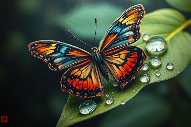 Hyperrealistic 3D tattoo depicting a lifelike butterfly perched on a dewdrop-covered leaf, photorealistic details and textures, trompe l'oeil effect creating an optical illusion