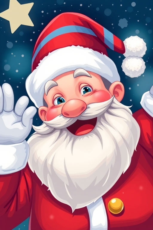 create a vibrant illustration of a cheerful Santa Claus wearing a striped red and blue hat, waving with a big smile, set against a starry night background, using a DSLR camera with a 50mm lens, aperture set at f/2.8, ISO 100, and 1/125s shutter speed for enhanced detail and color richness