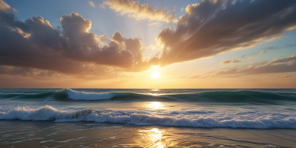 Breathtaking Sunset Over Tranquil Ocean Waves with Dramatic Cloud Formation