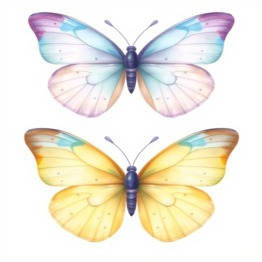 Create a detailed illustration of two butterflies. The top butterfly should have translucent wings with a light blue hue and soft purple accents, featuring delicate spots. The bottom butterfly should have a gradient of yellow to light blue wings, with a smooth and elegant shape. Both butterflies should be depicted from a frontal view against a plain white background.