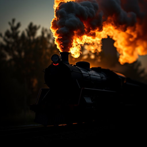 Create a high-resolution silhouette of a steam locomotive with puffing smoke, using a DSLR camera with a 50mm lens, f/1.8 aperture, ISO 100, in portrait orientation, and a soft focus background to enhance image clarity.