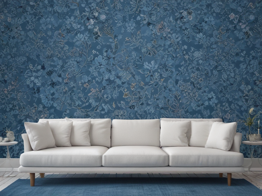 Charming Living Room with Elegant Floral Blue Wallpaper and Comfortable ...